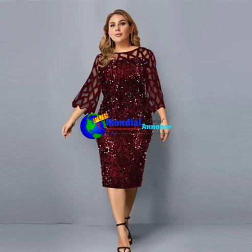 Party Dress Plus Size Ladies Midi Sequin Mesh Long Sleeve Lace Elegant Bodycon XL-4XL 5XL Evening Dresses Woman Summer 2022