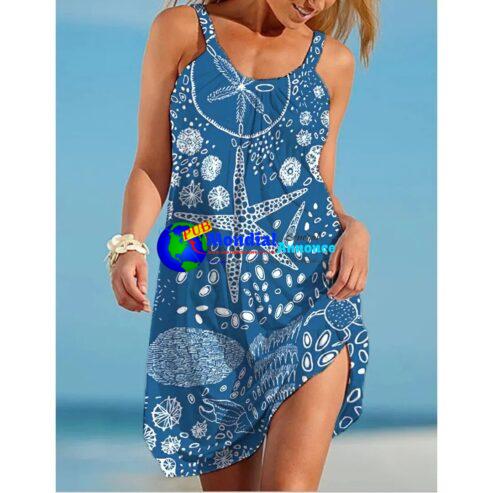 Sea World Starfish Print Dress Women’s Fashion Summer Strap Beach Dress Bohemian Sleeveless Party Dresses Elegant Sundress Hem