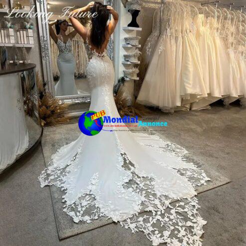 Sexy Ivory Boho Lace V-neck Wedding Dresses Spaghetti Straps Mermaid Bridal Dress Appliqued Lace Backless Wedding Gowns 2023