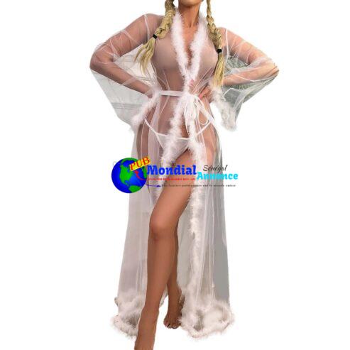 Sexy Long Sleeve Feather Tulle Party Evening Dresses Gown Transparent Lingerie Women Bathrobe Mesh Sheer Bridal Robe Sleepwear