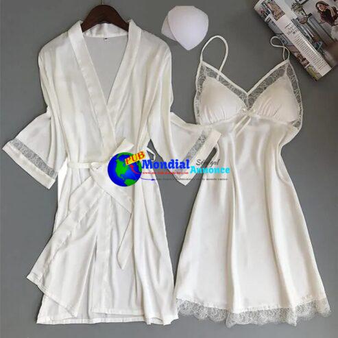 Sexy Women Rayon Kimono Bathrobe WHITE Bride Bridesmaid Wedding Robe Set Lace Trim Sleepwear Casual Home Clothes Nightwear