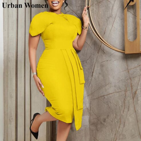 Summer Fashion Office Ladies Pencil Dress Women Elegant Solid Round Neck Puff Sleeve Tight Dress African Women