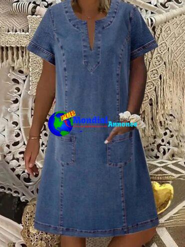 Summer Women Denim Dresses 2023 New Arrival Short Sleeves Loose A-Line Dresses V-neck Solid Denim Dresses