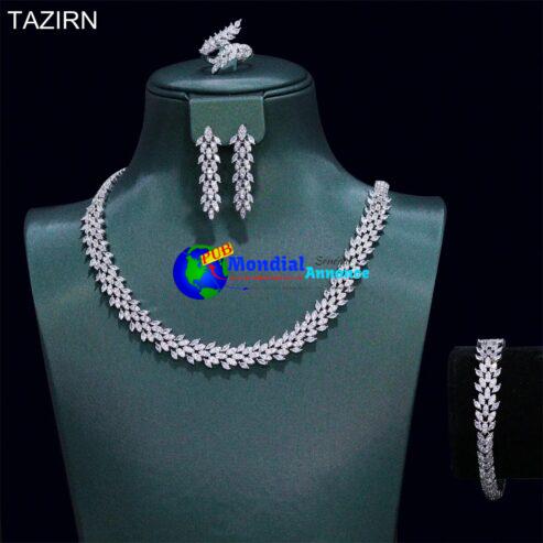 TAZIRN New 5A Leaf Jewelry Set for Heavy Dinner Dubai Nigeria Bridal Wedding 4 Pcs Jewelry Set  Women Best Dress Ornaments Gifts