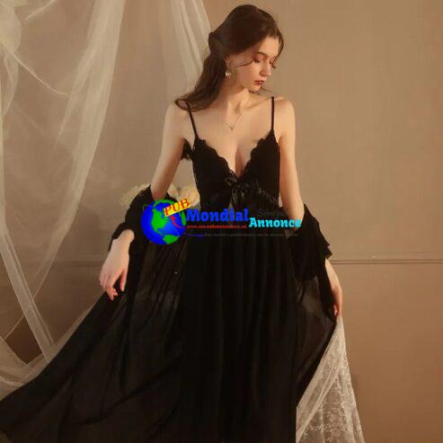 V-Neck Sexy Black Robe Gown Sets Sexy Sling Long Nightgown Intimate Lingerie Sweet Mesh Bathrobe Bow Cute Nighty Dress Pijamas