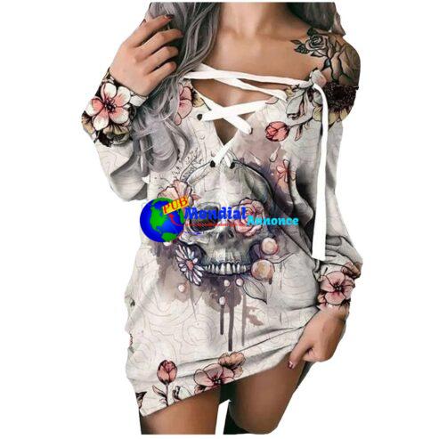 Vintage Skull Rose Print Dress Vestidos Autumn Winter Long Sleeve Lace Up Gothic Dress Robes Femme Grunge Sweatshirt Dresses