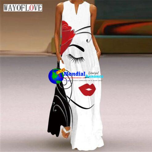 WAYOFLOVE Ladies Spring Summer White Long Dress Sleeveless V-neck Face Print Casual Elegant Dresses Vintage Maxi Dress For Women