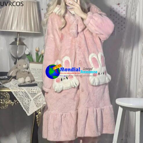 Winter Women Kawaii Coral Fleece Lolita Princess Pajamas Dress Sweet Cartoon Rabbit Ears Hooded Homewear Robes Girls Warm Pajama