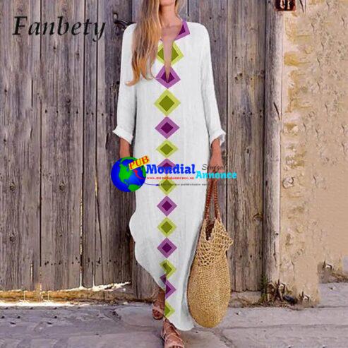 Women V-Neck Pullover Maxi Dress Casual Beach Versatile Temperament Long Dress Autumn Pattern Printed Long Sleeve Vacation Dress