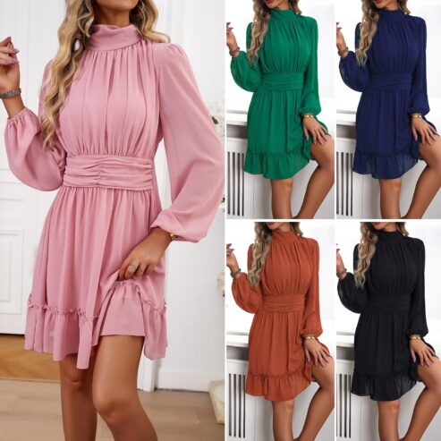 Women’s Casual O Neck Long Sleeve Short Dress Sexy Draped Pleated Party Gowns Fashion Ruffles High Waist Office Lady Mini Skirts