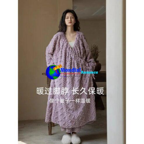 Women’s Winter Fleece Bathrobe Solid Warm Long Sleeve Ladies Dressing Gown Kimono with Lace Up Flannel Bath Robe for Female