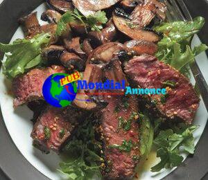 Steak asiatique poêlé et champignons sur mesclun de verdure avec vinaigrette au gingembre