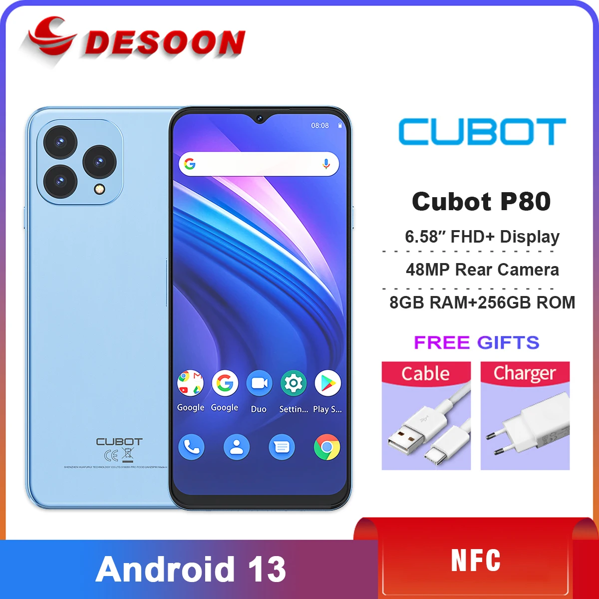 Cubot P80 2023 New Global Version Smartphone 8GB RAM+256GB ROM, NFC, 6.583 Inch FHD+ Screen, 48MP+24MP, Android 13, 5200mAh