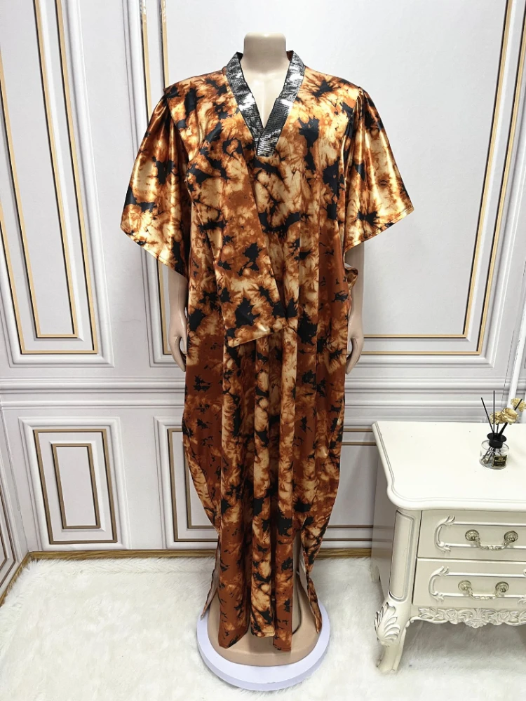 With Headtie African Sequins Print Dresses for Women 2023 Traditional Nigeria Caftan Dress Abaya Musulman Robe Femme Clothes