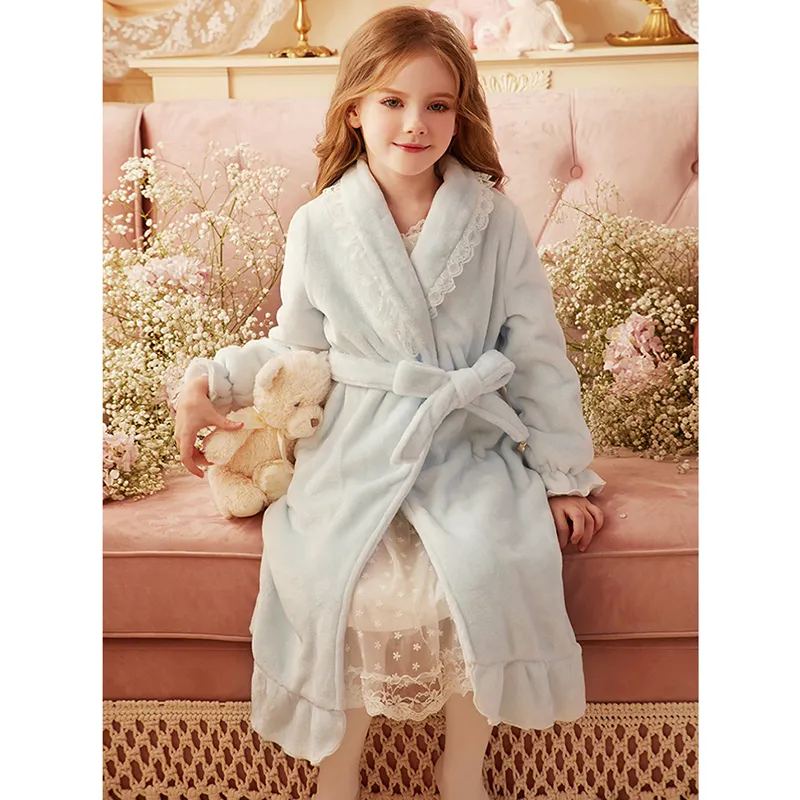 2 Colors Cute Autumn Winter Children Sleepwear Toddler Baby Princess Lace Flannel Bathrobe Hooded Bath Robes Night-robe Pajamas