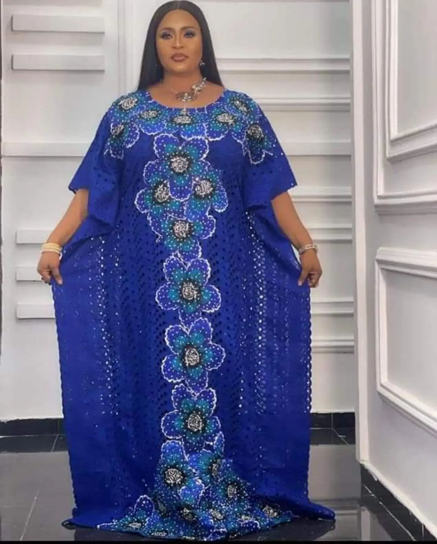 2022 African Dresses for Women Summer Fashion Style African Women Short Sleeve Blue Plus Size Long Dress African Robes