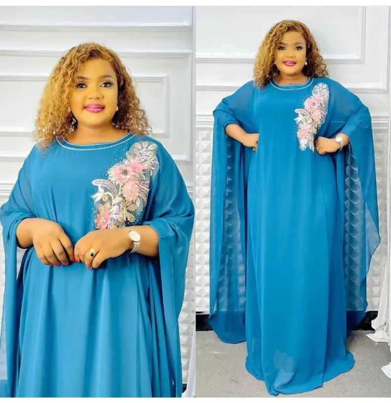 2023 African Dresses for Women Spring African Long Sleeve O-neck Blue White Gray Pink Long Robes Muslim Abaya African Clothes