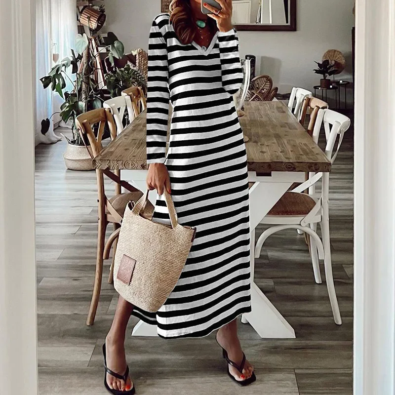 2023 Casual Autumn Women Dress Vintage Striped Print Long Sleeve V-neck Sexy Split Office Lady Party Beach Style Robe Dresses