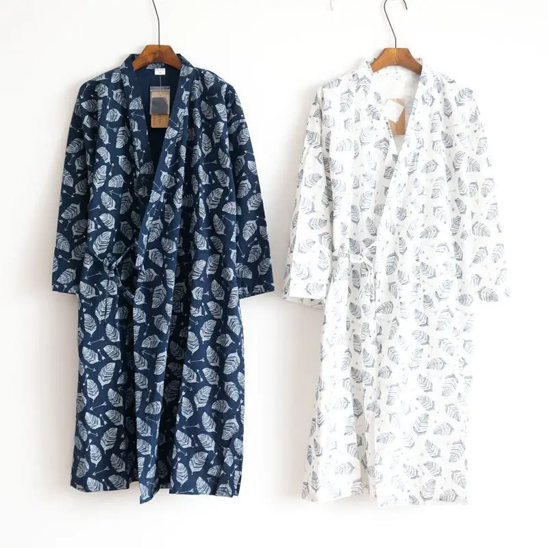 2023 Men’s Summer Pajamas Japanese Kimono Robe Pure Cotton Leaf Jacquard Bathrobe Men’s Home Clothing Autumn Sleepcoat Homewear