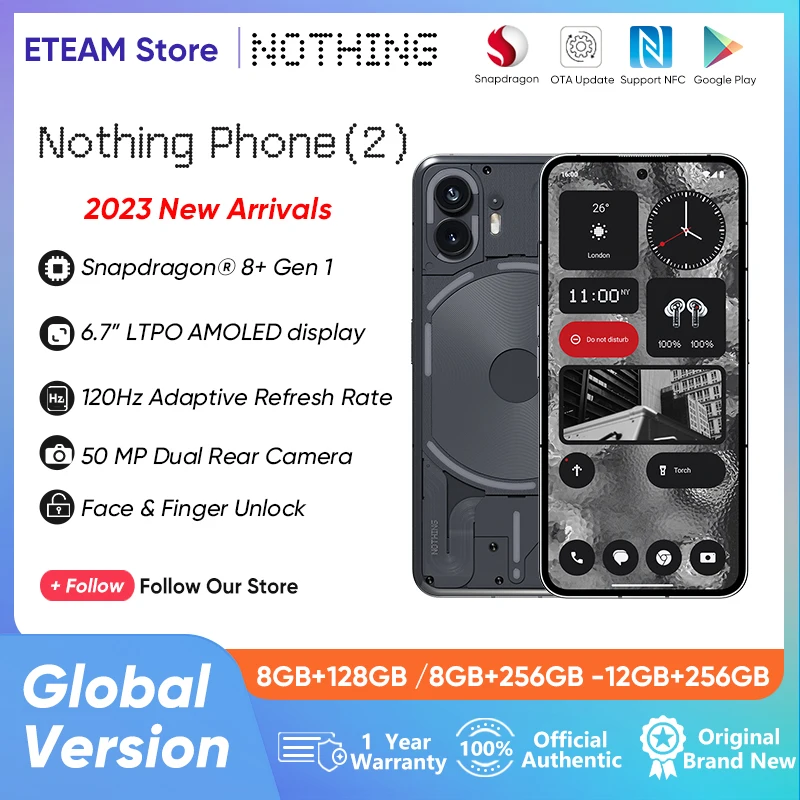 2023 NEW Original Nothing Phone 2 Global Version 6.7” Flexible OLED 5G Snapdragon® 8+ Gen 1 50MP Dual Camera