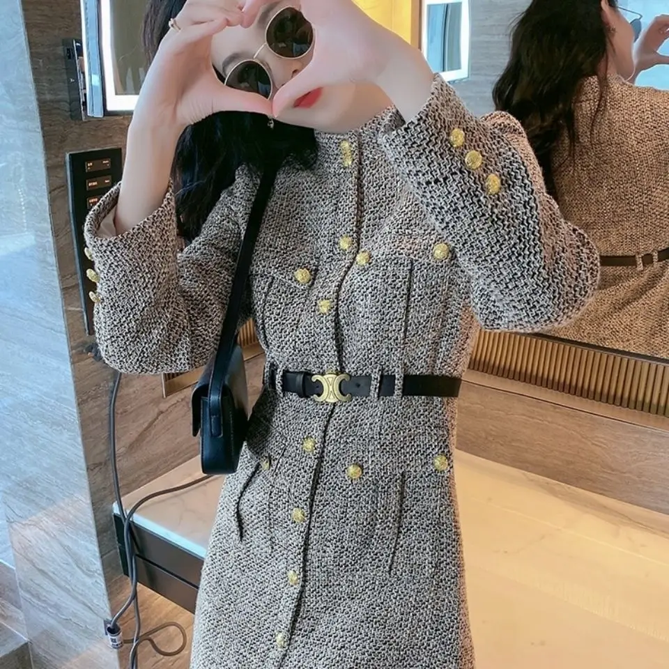 2023 New Fashion Women’s Clothing Split Pearl Buttons Tweed Dress Vintage Female Elegant Long Sleeve Dresses Vestidos Robe V478