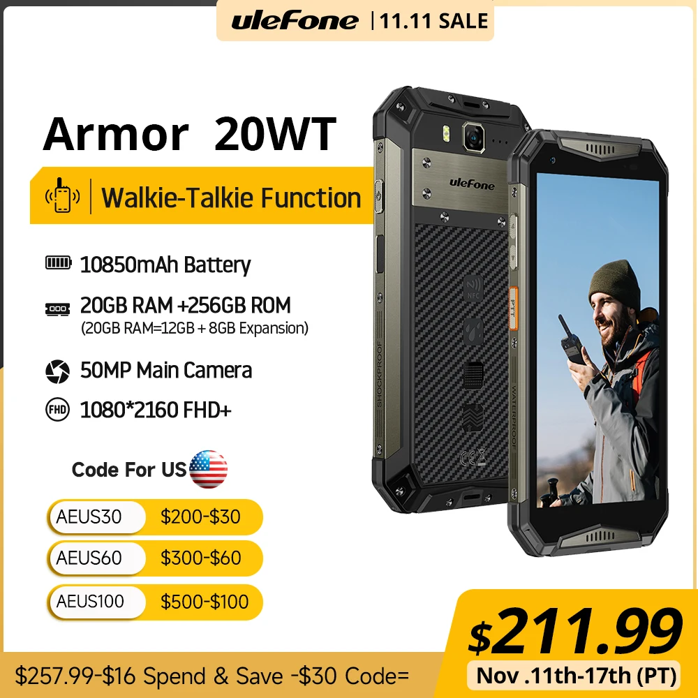 （2023 New）Ulefone Armor 20WT Rugged Waterproof Smartphone DMR Walkie-Talkie 10850mAh Mobile Phones 20GB+256GB Android Phone