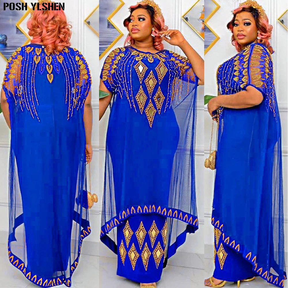 2023 Traditional Nigeria Mesh  Fake Two-Piece African Dresses for Women Caftan Dress AbayaHot Drill Musulman Robe Femme Clothes