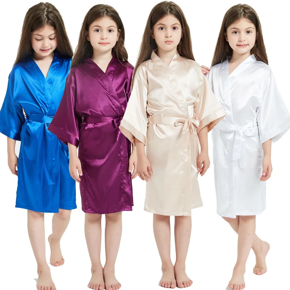 3-13 Years Satin Silk Children’s Bathrobe Girl Kimono Bath Robes Summer Girls Pajamas Pink White Towel Robe Birthday Spa Wedding