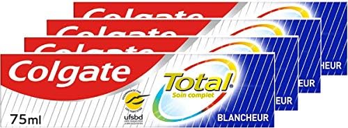 COLGATE – Dentifrice Total Blancheur, Élimine la Plaque Dentaire et les Taches à la Surface des Dents – 12h de Protection sur les Dents, la Langue, et les Gencives – 75 ml – Lot de 4 – Modèle Assorti