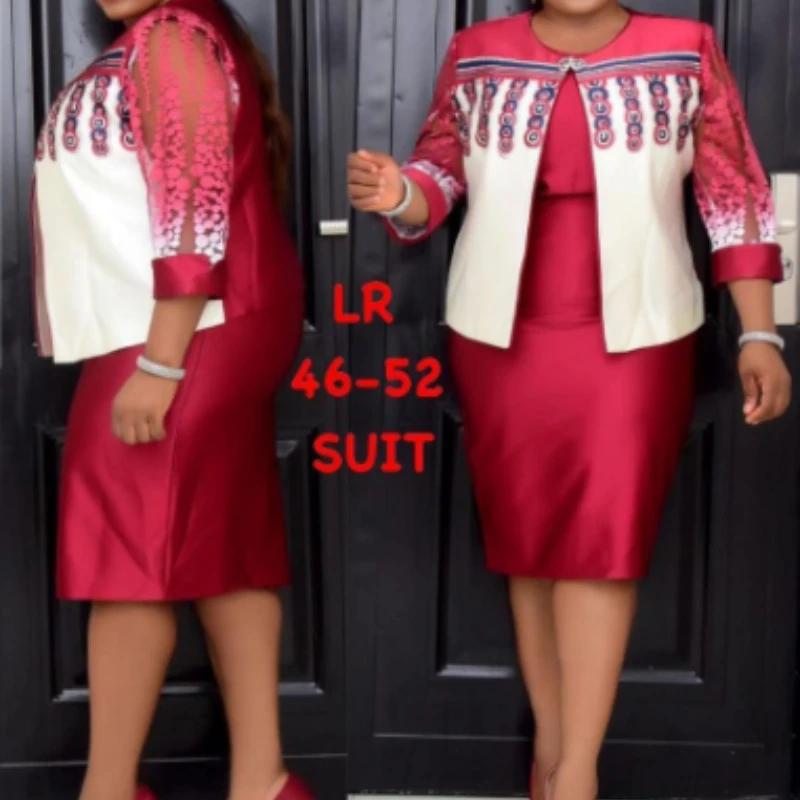 4XL 5XL Africa Plus Size Women’s Dress 2 Piece Sets Spring Autumn New Round Neck 3/4 Sleeve Pleated Dress Large Size Clothes