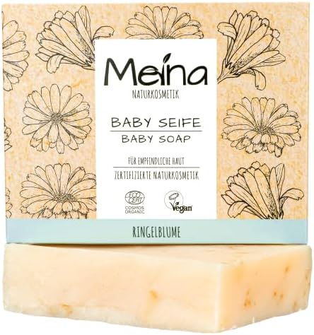 Meina Naturkosmetik – Savon pour bébé avec camomille et fleurs de souci, (1 x 110 g) 100 % naturel et végétal, fabriqué à la main, Savon bio pour enfant – Soin du corps et du visage