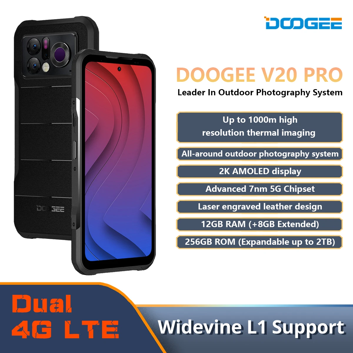 5G Rugged Phone DOOGEE V20 Pro 1000m High Resolution Thermal Imaging Camera 12GB+256GB 6.43” 2K AMOLED Display