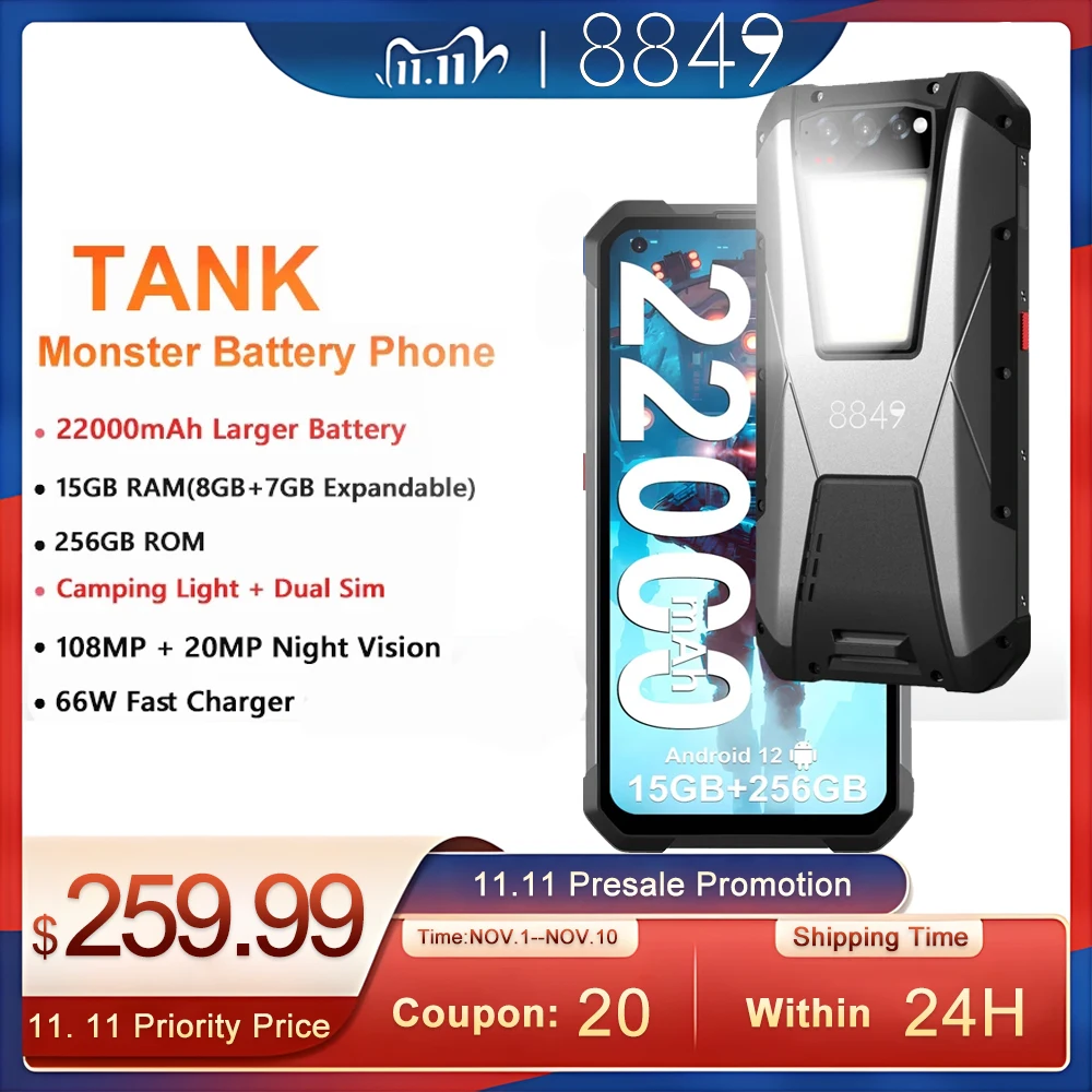 8849 By Unihertz Tank 22000mAh Battery Rugged Smartphone 15GB 256GB 108MP G99 Night Vision Cellphone Camping Mobile Phone