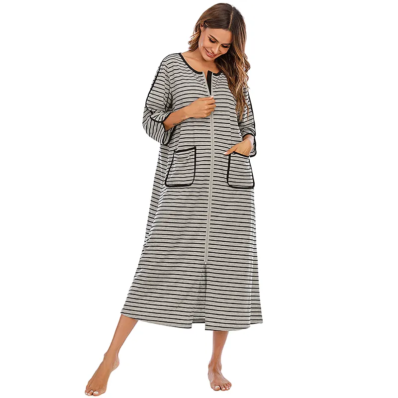 Aamikast Zipper Front Robes Women House Coat Half Sleeve Loungewear Long Nightgown with Pockets S-XXL