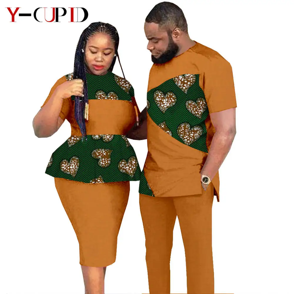 African Clothes for Couples Dashiki Women Patchwork Print Dresses Matching Men Outfit Top and Pants Sets Love Party Wear S20C010