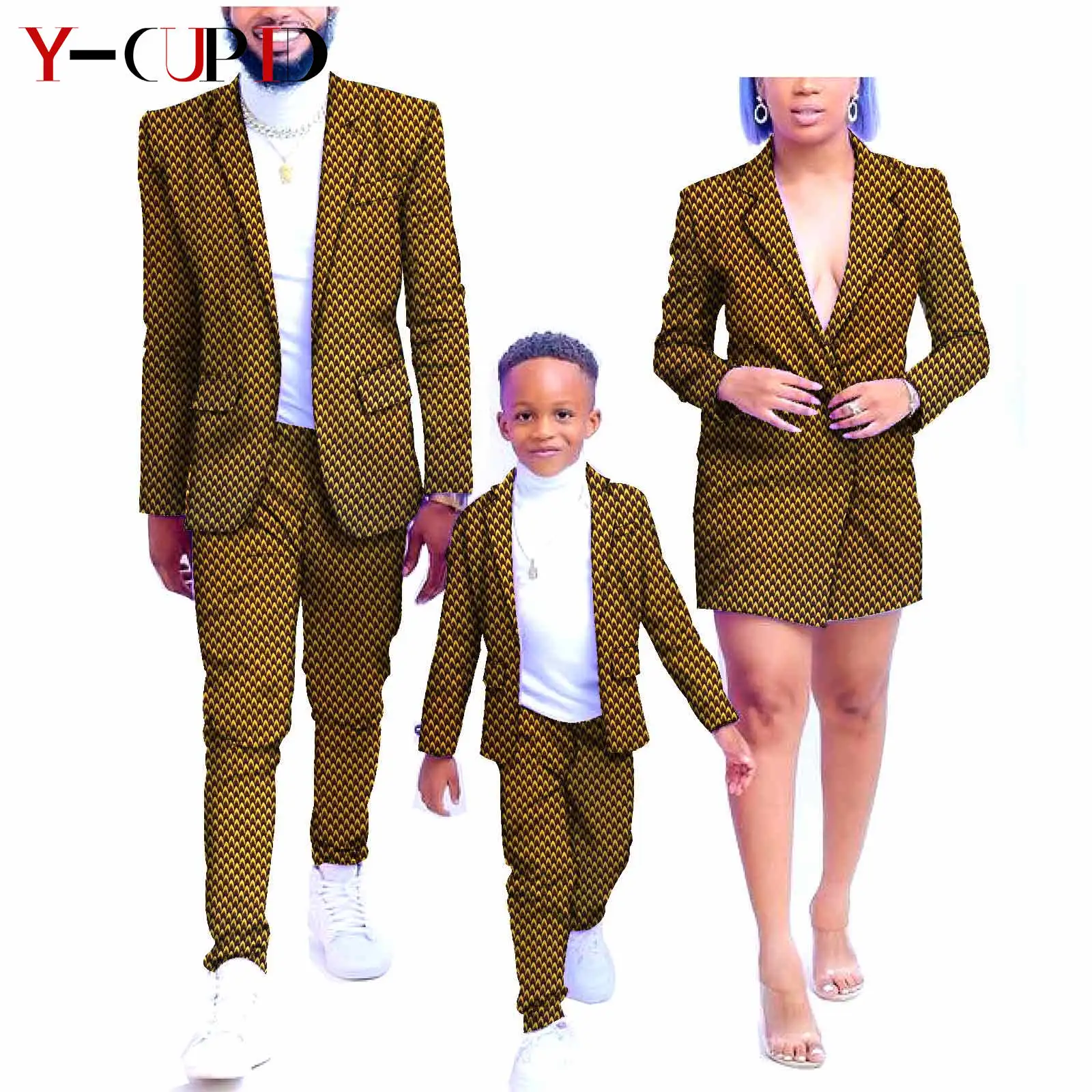 African Clothes for Family Dashiki Boys Men Suits Blazer Jacket and Pant Sets Matching Women Dresses Formal Outfits Y20F001