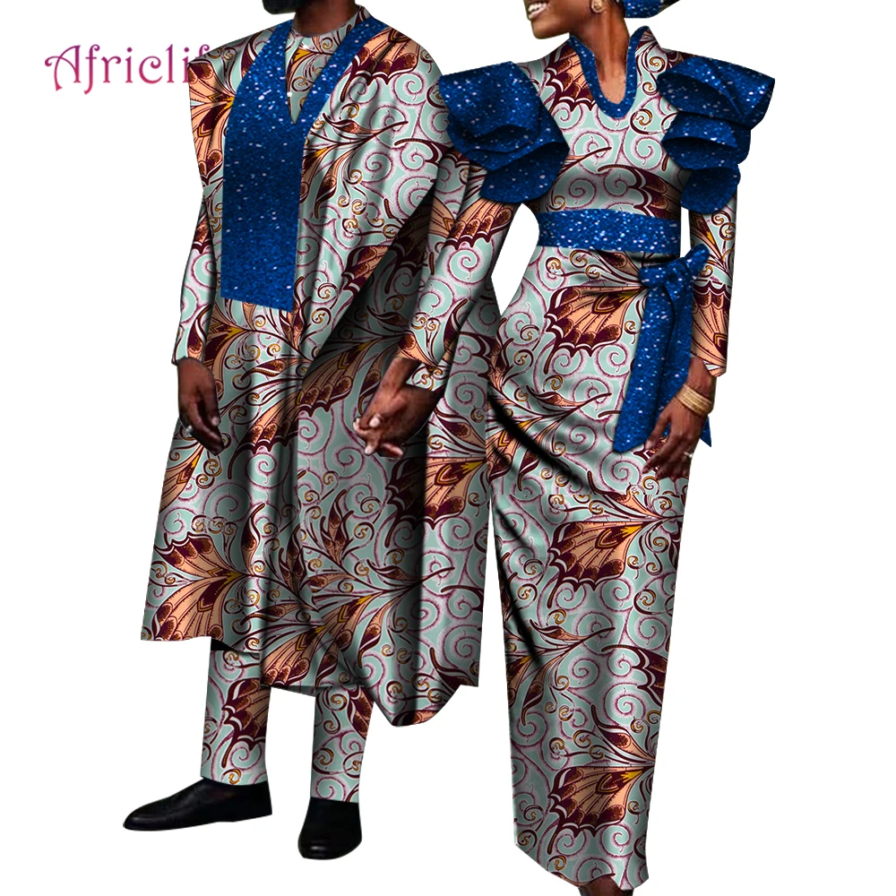 African Couple Clothes Suit and Dress 2 Pcs Top and Pant for Men High Waist Women Clothing for Lovers Party Wedding WYQ717