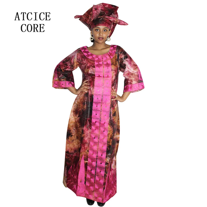 African Dresses For Woman Bazin Riche Emboridery Design Long Dress With Scarf