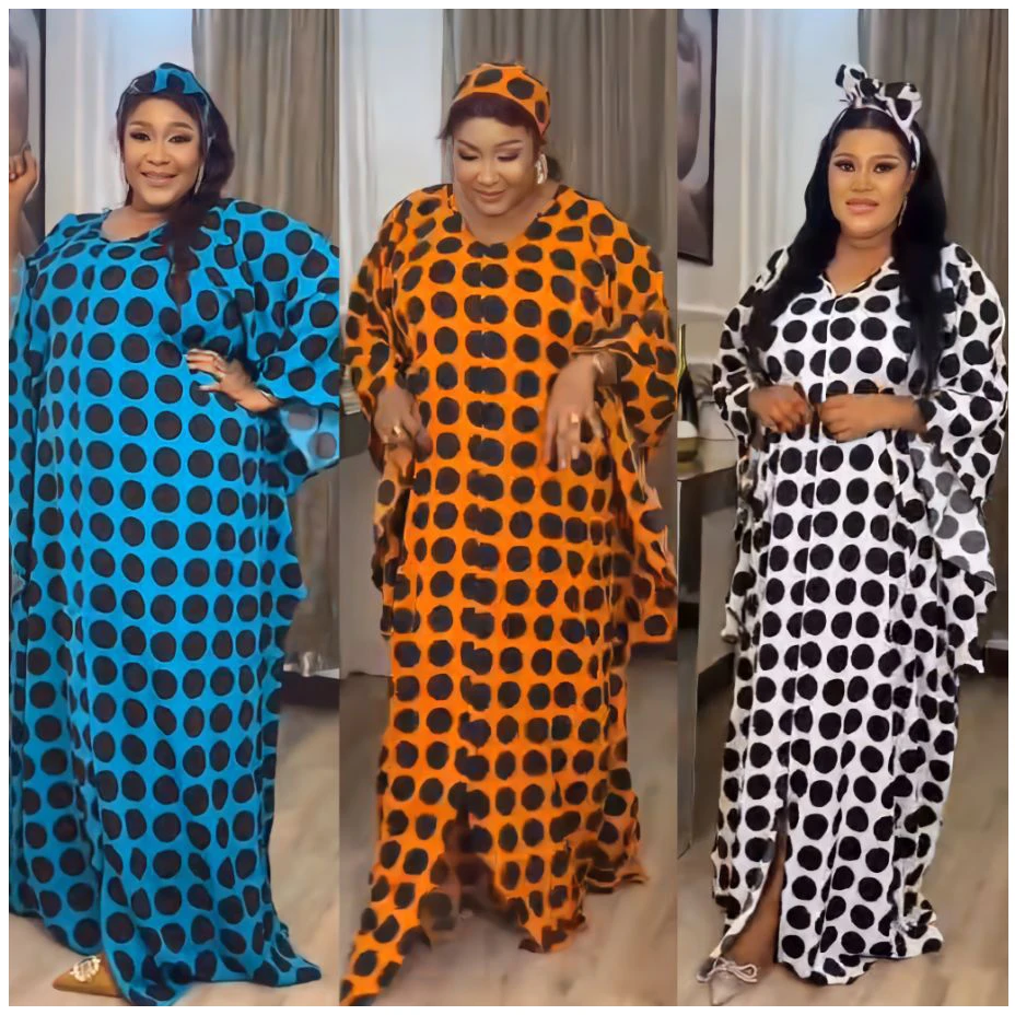 African Dresses For Women 2023 Fahion Printed Dot Muslim Loose Abayas Dashiki Nigeria Ladies Kanga Party Clothing With Turban