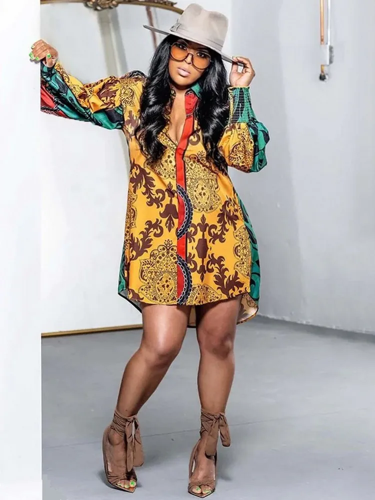 African Dresses For Women Autumn New Vetement Femme Dashiki Yellow Shirt Dress Africa Clothes Dashiki Ankara Dresses Ladies