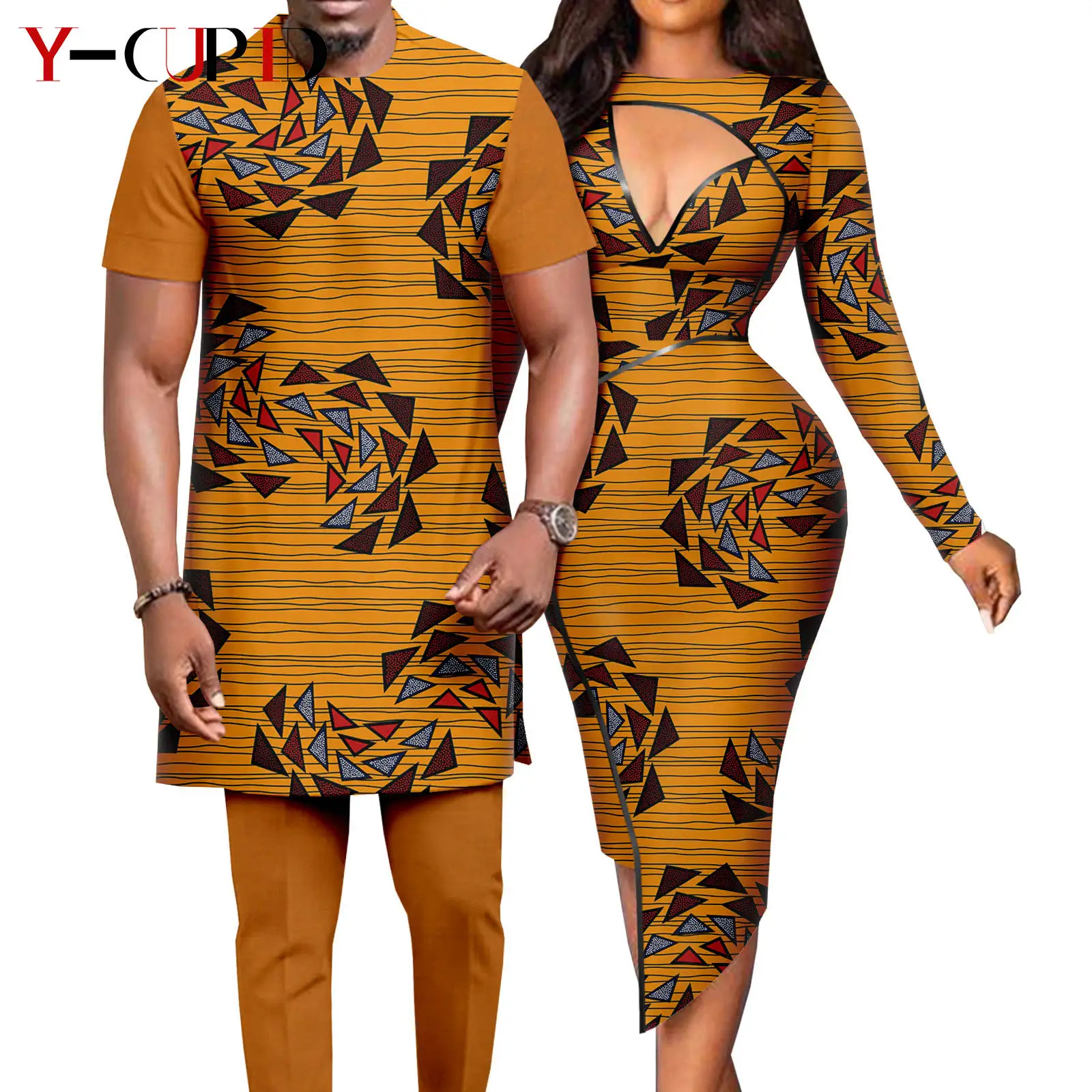 African Matching Outfit for Couples Dashiki Sexy Women Slim Print Dresses Bazin Riche Men Patchwork Top and Pant Sets Y23C043