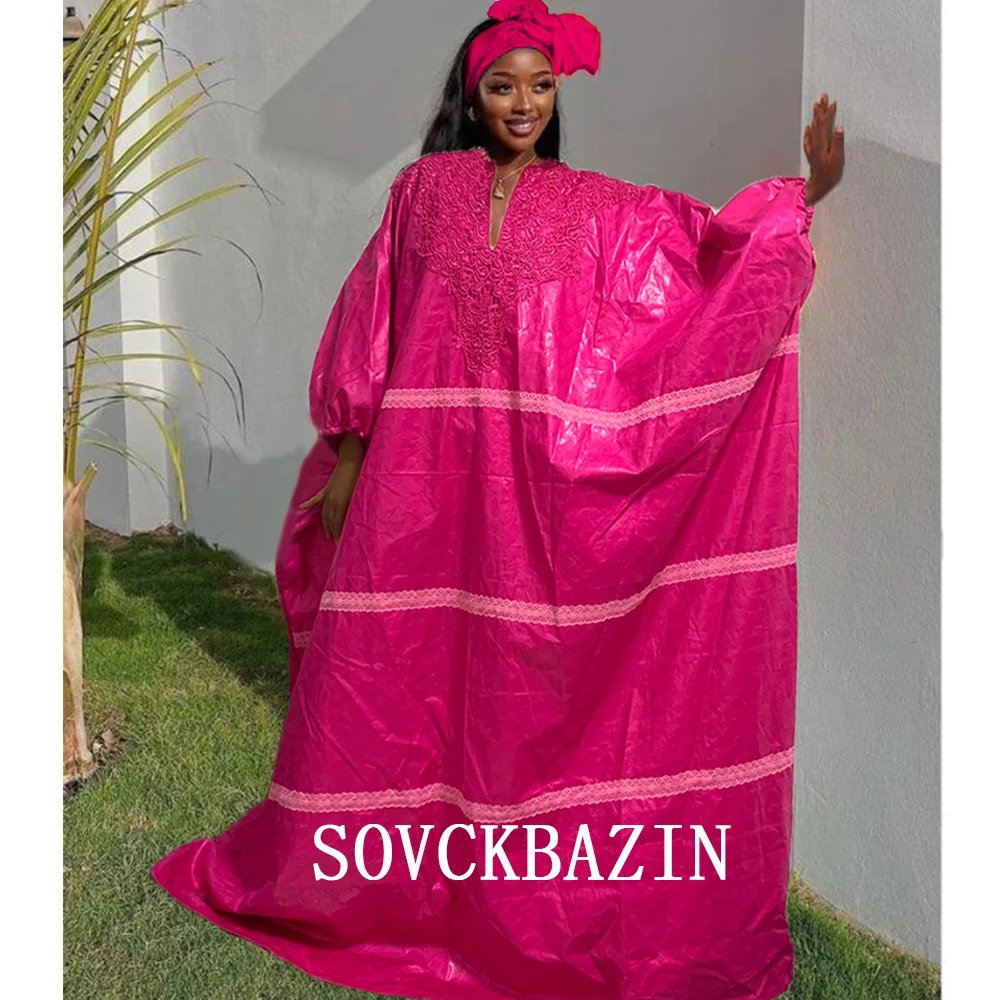 African Original Bazin Riche Long Dress With Scarf Swiss Voile Lace Dashiki Dresses Robe Traditional Women Party Outfit Clothing