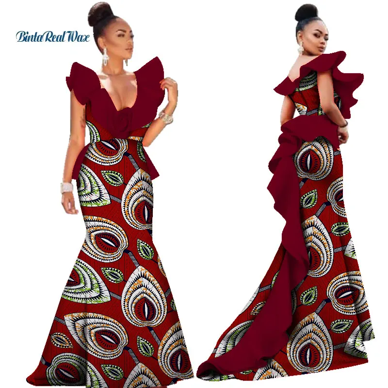 African Print Dresses for Women Bazin Riche Ruffles Size Flower Vestidos Mermaid Long Dresses Traditional Africa Clothing WY3033