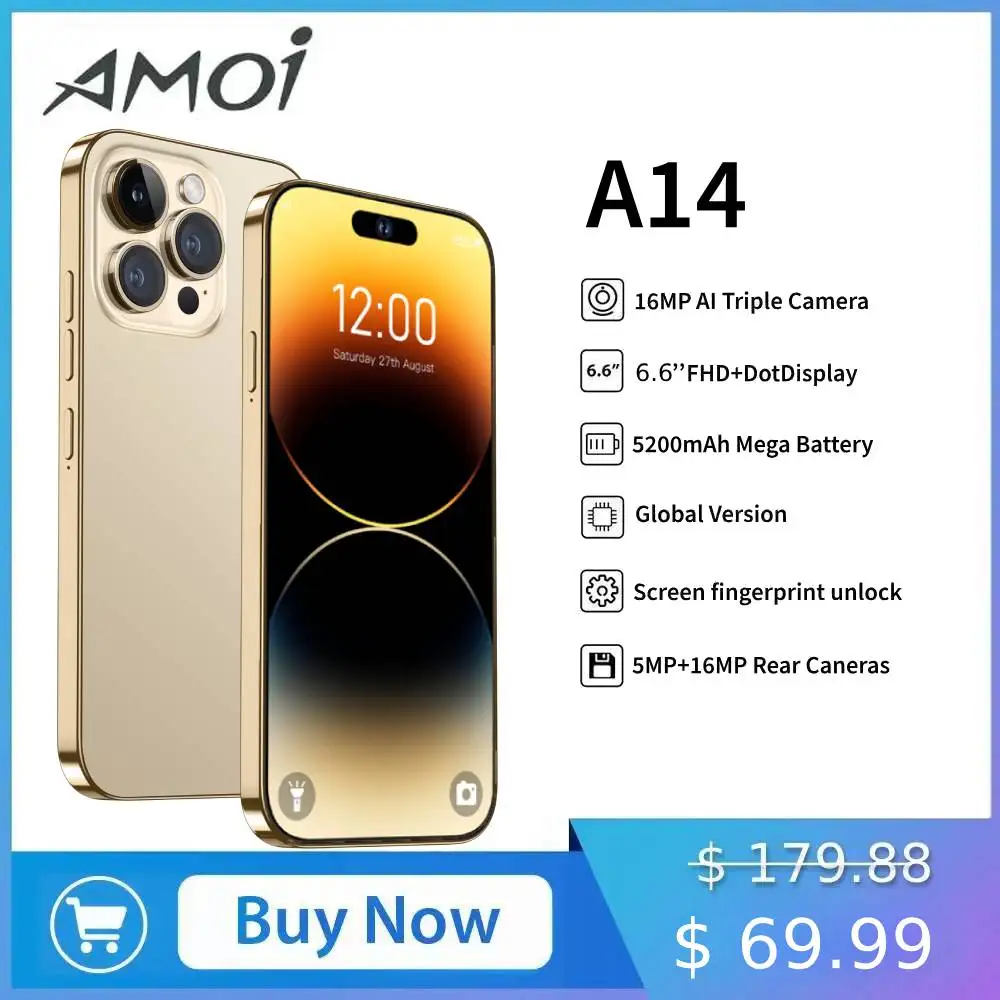 Amoi A14 Smartphone 2GB+16GB Android 10 2MP+16MP Camera 5200mAh Waterproof Cellphone Android 10.0 Rugged Mobile Phone