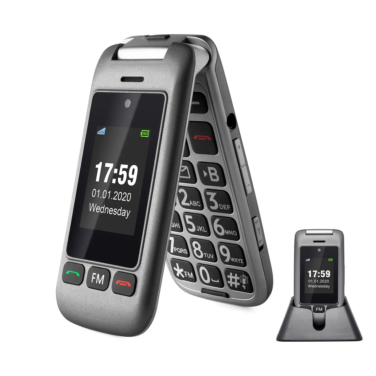 Artfone G6 WCDMA 3G Flip Mobile Phone For Elderly Big Rubber Keypad 2 Side Buttons And SOS 1000mAh With Charging Dock Cellphone