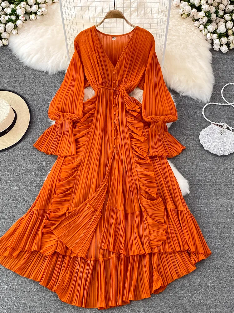 Autumn Women Ruffle Pleated Long Dress Beach Draped Vestidos Female Sexy V-Neck Flare Sleeve High Waist Vacation Maxi Robe New