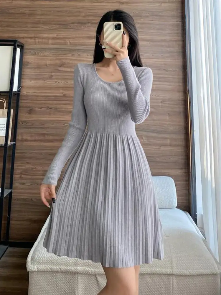 Black Elegant Knitted Pleated Mini Dress Women Gray Slim O-neck Long Sleeve Party A-line Dress 2023 Autumn Lady Streetwear Robe