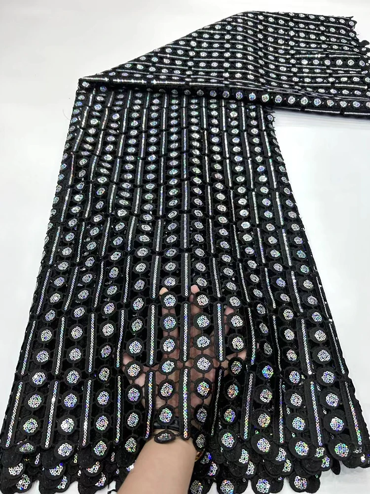 Black Guipure Cord Lace African Fabric with Sequins 2023 High Quality Mesh Material Bridal for Nigeria Wedding Women Dress 5Yard