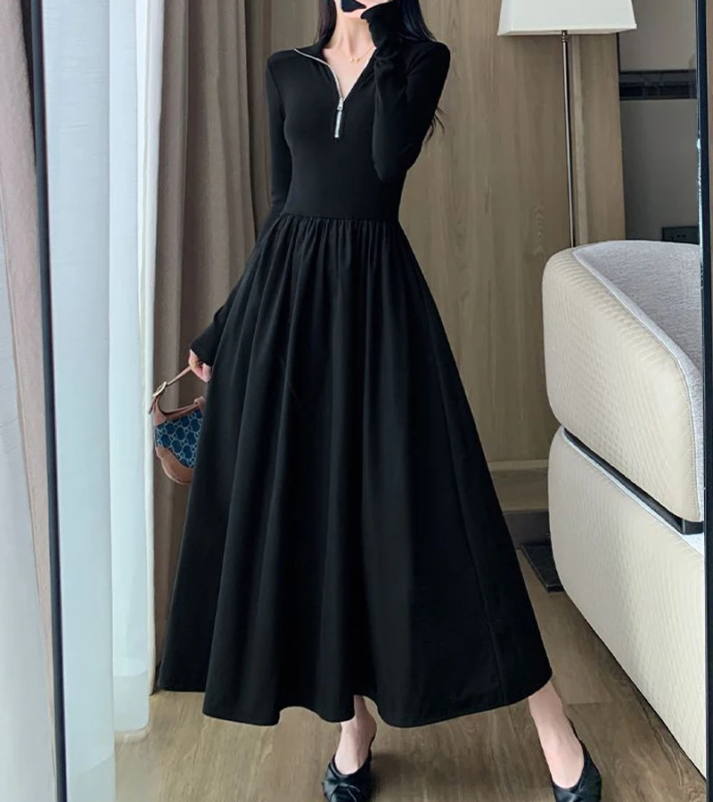 Black zipper lapel long-sleeved dress women’s spring and fall Korean design fashion elegant foreign quality casual dresses