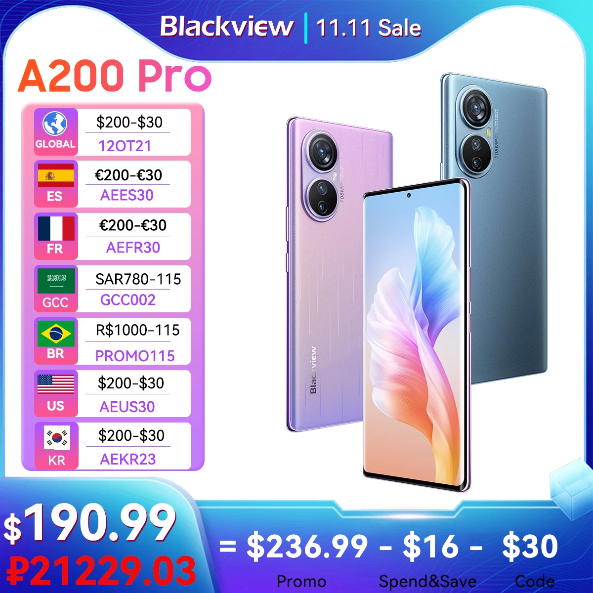 Blackview A200 Pro Mobile Phone G99 6.67”120HZ AMOLED Curved Display Smartphone 12GB 256GB Android 13 108MP Camera 66W Fast PD